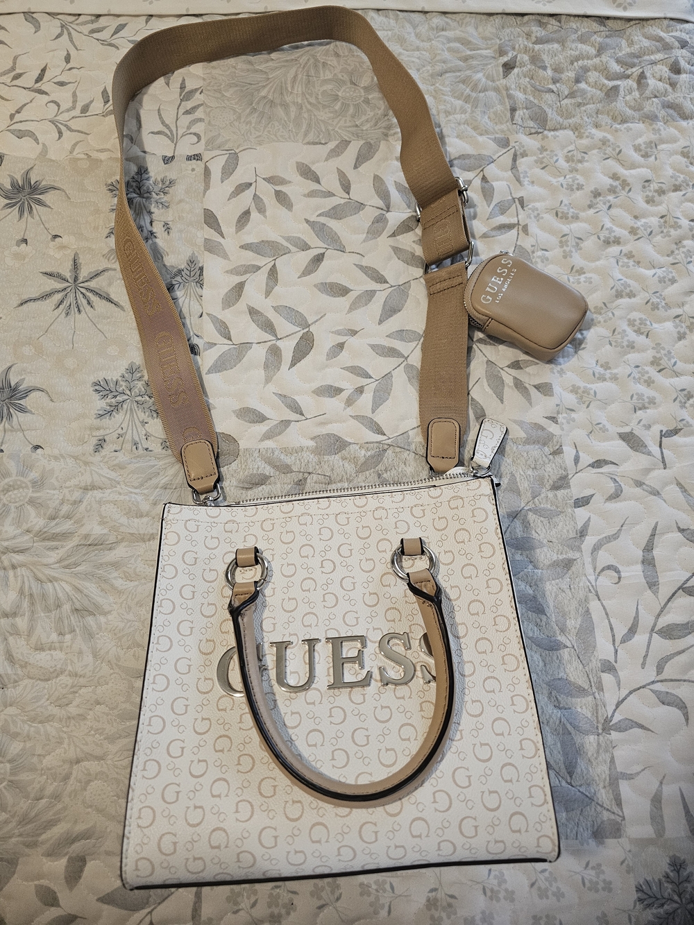 Guess Cream and Tan Logo Tote with Removable Crossbody Strap
